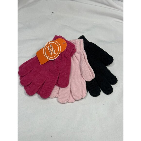 wonder nations girls 3 pack knitted gloves pink black one size - Picture 1 of 3